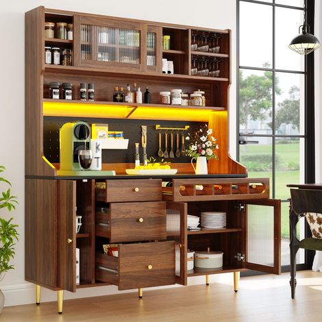 Buffet noyer 145×39×171 cm, tiroir à vin, LED, tablettes réglables, cuisine salle à manger (1/5)