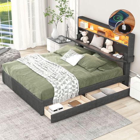 Cama de 140 x 200 cm con 2 cajones, cama adulto LED, cama doble acolchada con cabecero de almacenamiento con carga USB, gris (1/5)