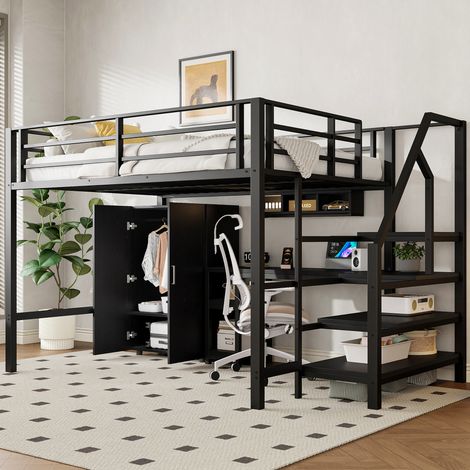 Hochbett 140x200 cm schwarz aus Metall und MDF mit Schreibtisch, Regalen, Kleiderschrank und Ablageleiter (1/5)