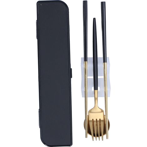 Ensemble de 3 ustensiles de voyage portables en acier inoxydable (cuillère, fourchette et baguettes) pour l'école, noir et or (boîte de rangement noire).