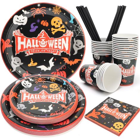 Vaisselle Halloween 125Pcs Noir Assiette Gobelet Serviette (1/5)