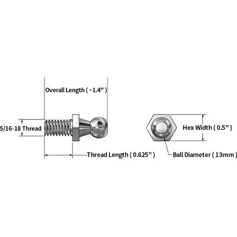 Goujons à bille de 13 mm avec matériel - Filetage 5/16-18 x raccord de support de levage à gaz à tige longue de 5/8'' (paquet de 4) (1/5)