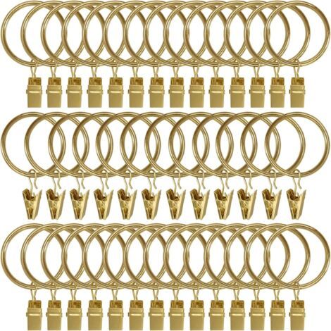 Lot de 40 anneaux de rideau en métal avec clips, crochets pour rideaux, crochets décoratifs pour tringle à rideau, œillets de 3,8 cm de diamètre intérieur, placage antirouille couleur or