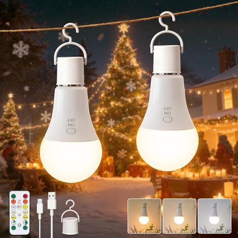 Lot de 2 Ampoules Rechargeables E27, Contrôle des Boutons Ampoule Sans Fil E27 avec Télécommande, 3 Températures de Couleur, 7W Dimmable, Ampoule LED Rechargeable USB avec Minuterie (1/5)