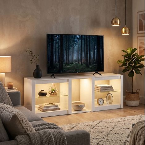 Mobile TV 160x35x52 cm con LED RGB, ripiani in vetro regolabili, finitura lucida, legno ingegnerizzato bianco (1/5)