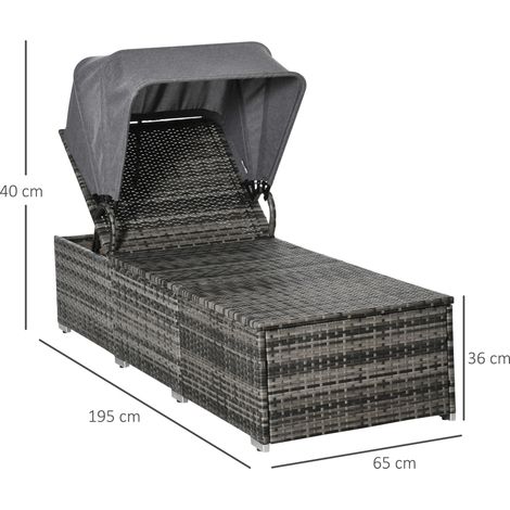 Transat en polyrotin avec pare-soleil, transat de jardin réglable, transat en rotin, mobilier de jardin, transat avec coussin, gris, 195 x 65 x 40 cm (1/5)