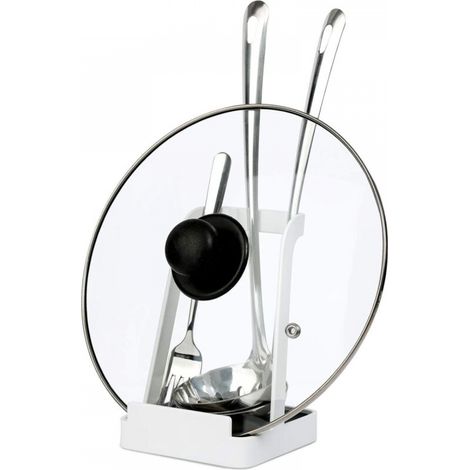 Support multifonctionnel pour couvercles de casseroles, support pour ustensiles de cuisine avec bac de récupération, lavable, blanc (1/5)