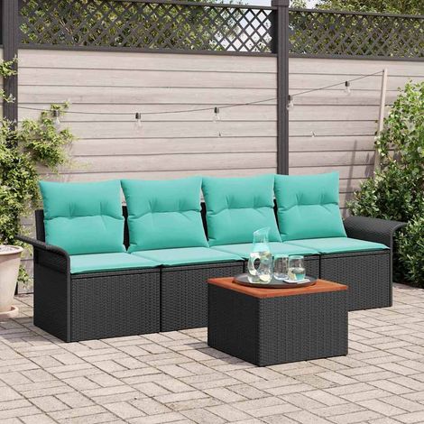vidaXL Ensemble de canapé de jardin 5 pcs Noir et turquoise polyrotin (1/5)