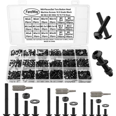 M2 M2.5 M3 Torx Vis à Métaux et écrous,900 Pièces Vis à Tête Ronde Torx,Boulon et écrous Rondelles,Boulons Tete Bombée Entièrement Filetées en Acier Carbone Noir. (1/5)