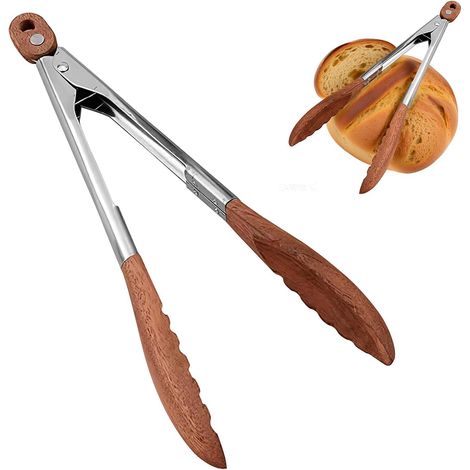 Hochwertige und langlebige Küchenzange aus Holz und Edelstahl – Spaghettizange, hitzebeständig zum Kochen, Grillen und Servieren, kratzfest, mit Holzgriff und Aufhängering (1/5)