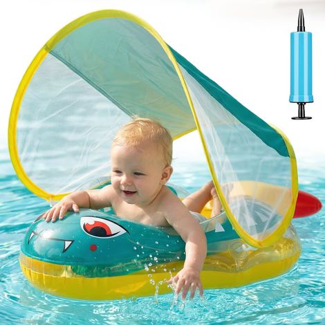 Babyschwimmhilfe mit Sonnenschutz, kippsichere Babyschwimmhilfe, aufblasbare Babyschwimmhilfe mit Sonnenschutz und Balanceball, aufblasbare Kinderschwimmhilfe für Kinder von 10-24 Monaten und 8-16 kg, (1/5)