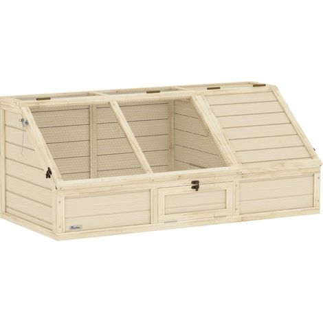 Enclos tortue d'extérieur avec fond ouvert, toiture relevable, zone bain de soleil et porte avant, bois de sapin et acier galvanisé – CHICFURN (1/5)