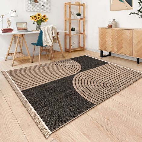 In-& Outdoor Teppich Wohnzimmer Wetterfest Balkon Boho Blattmotiv 3D Fransen 80 cm x 150 cm x 11 mm Anthrazit Rechteckig (1/5)