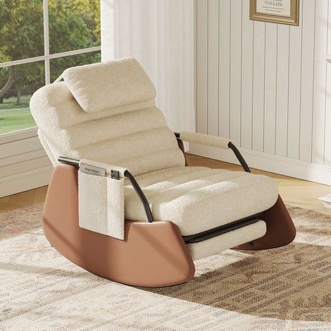 Schaukelstuhl, Sessel mit verstellbarer Rückenlehne, Kopfstütze, Fußstütze, gepolsterte Armlehnen und Rückenlehne, Beige (1/5)