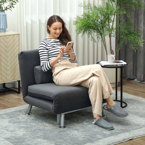 Fauteuil convertible en lit, inclinable pliable aspect velours, dossier réglable, 75 x 70 x 75 cm, gris foncé (1/5)