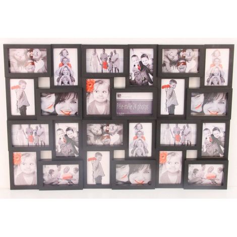 Atmosphera – Cadre photo pêle-mêle mural noir pour 24 photos 10x15 cm – Résine plastique et PVC – Dimensions 86x57 cm – Accrochage facile (1/5)