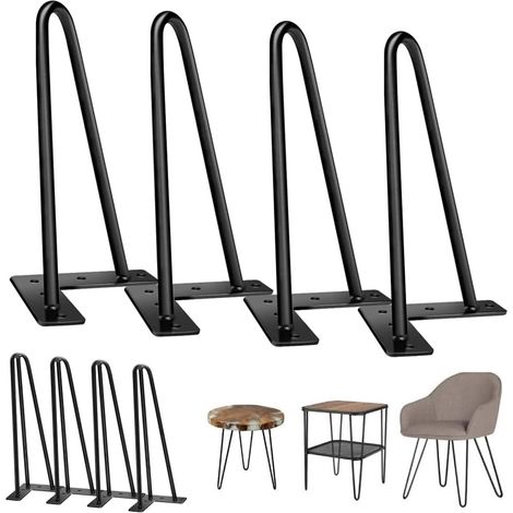 Pieds de table en métal noir, 25 cm, 4 pièces, pieds en épingle à cheveux, pieds de meubles, pieds de meubles de bricolage, adaptés aux tables basses et tables de chevet, avec vis et patins de protect