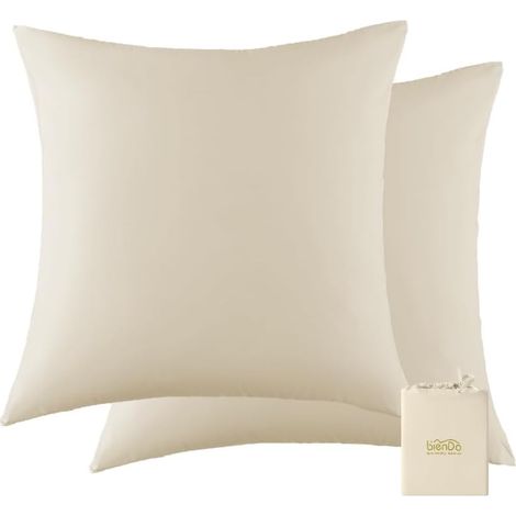 Taie Oreiller 65x65, Bambou-Soie Végane, Lot de 2, Beige, Rectangulaire, Housse Coussin Soyeuse, Refroidissante et Hypoallergénique (1/5)