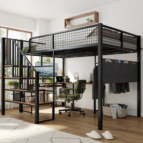 Lit mezzanine métal, lit double 140×200cm, avec bureau, escalier, tablette coulissante pour clavier, port de charge, pochette latérale en tissu, noir (1/5)