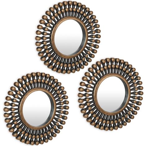 Lot de 3 miroirs, Forme Ronde et Motif Soleil, diamètre de 25 cm, décoration, Cadre en Plastique, doré - Noir (1/5)