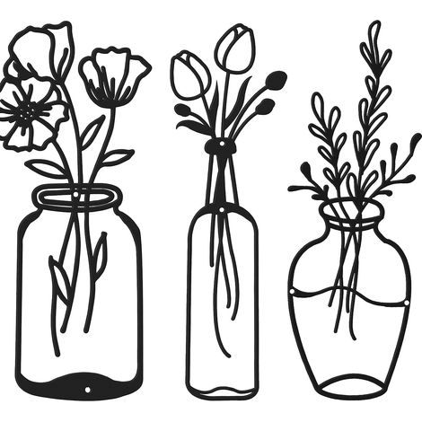 EASYCOMFORT 3 Pièces Décor Mural de Fleur en Métal Vase Minimaliste Décor d’Art Mural en Fil de Fer de Tulipe Noire Sculpture Murale Florale pour Cuisine Salle de Bain (1/5)