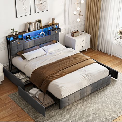 lit 160x200,lit coffre 160x200 avec 4 tiroirs, lit double avec tiroirs et LED, lit rembourré en velours avec tête de lit rangement, 2 tiroirs de chevet, USB et Type-C, Gris