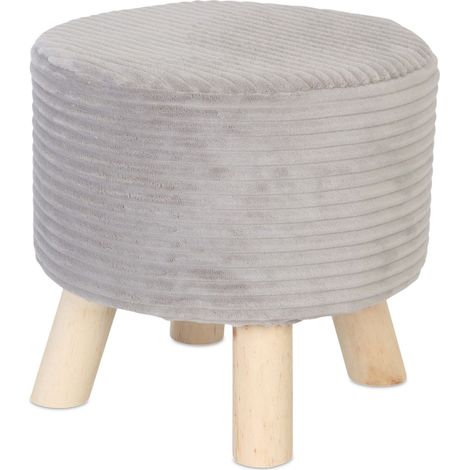Relaxdays Hocker Cord, Holzbeine, gepolstert, H x D: 30 x 30 cm, rund, Sitzhocker, Fußhocker, Wohnzimmer, hellgrau/natur