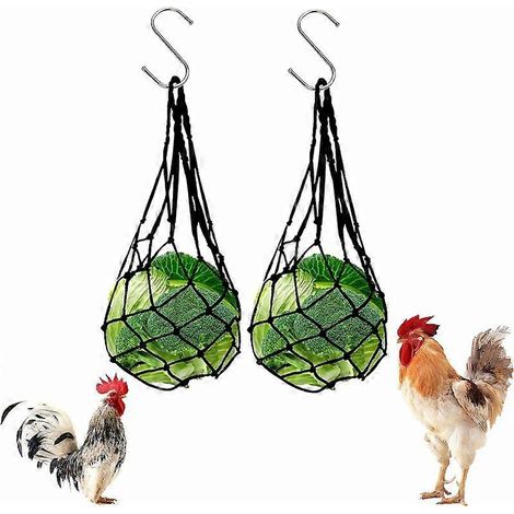 Hangende voederbak voor pluimvee, kippen, groenten en fruit, voederbak met netzak, geschikt voor kippen, eenden, ganzen, papegaaien en konijnen, inclusief 2 netzakken. (1/5)