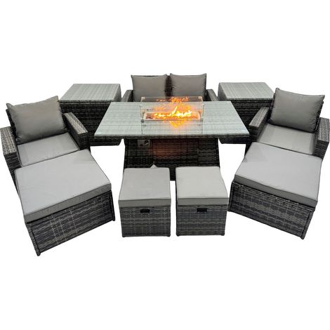 Fimous Outdoor Love Sofa Set 8 Seat Rattan Garden Furniture Set with Gas Firpit Dining Table 4 Footstools 2 Side Table Dark Grey Mixed (1/4)