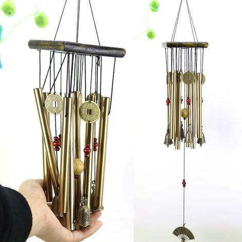 Carillon éolien en aluminium et bois, forme d'éventail doré, multitubes, décoratif pour porte ou fenêtre de maison ou de chalet (1/4)