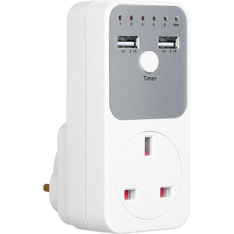 Prise Minuterie à Délai avec 2 Ports USB 5V 2.1A et Contrôleur Temporel Plug-in pour Appareils Electriques - Blanc PC Ignifuge (1/5)