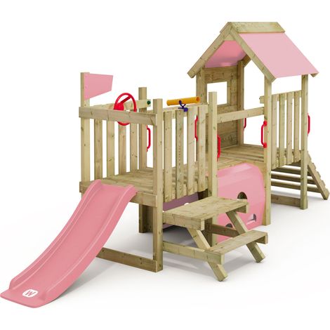 Wickey – Aire de jeux en bois pour enfants – Toboggan 120 cm – Table de pique-nique intégrée – 2 plateformes à 60 cm de hauteur – Résistant aux intempéries