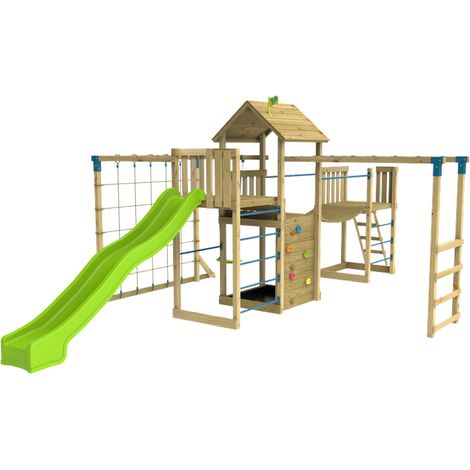 Aire de jeux XXL PISTACHIER SKYWOOD balançoire, mur d'escalade et parcours d'aventure en bois FSC®