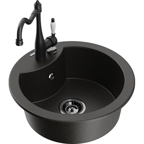 Mexen Diego 1-Kammer Granitspüle mit Küchenarmatur Carla, schwarz/gold metallic - 6512-75-670700-70-B (1/5)
