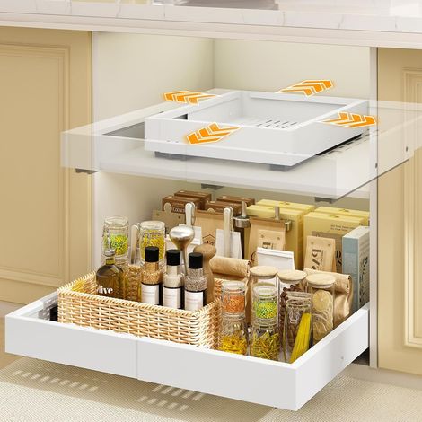 Lot de 2 Tiroirs Coulissants Cuisine-4 directions extensibles, Largeur 32–53cm & Profondeur 41,5–61cm, Tiroir Télescopique Métallique, Organisateur d'Armoire, Montage Vis/Adhésif, Blanc (1/5)