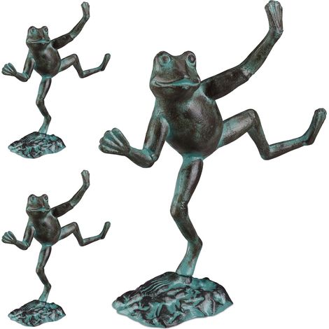 Set of 3 Relaxdays Garden Frog Figurines, Weatherproof, In- & Outdoor Toad, For Balcony, Pond, Cast Iron, Size L, Green