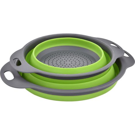 Colador plegable, colador de escurrido plegable, paquete de 2 coladores de silicona, colador plegable, organizador de cocina, colador de pasta (verde) (1/5)