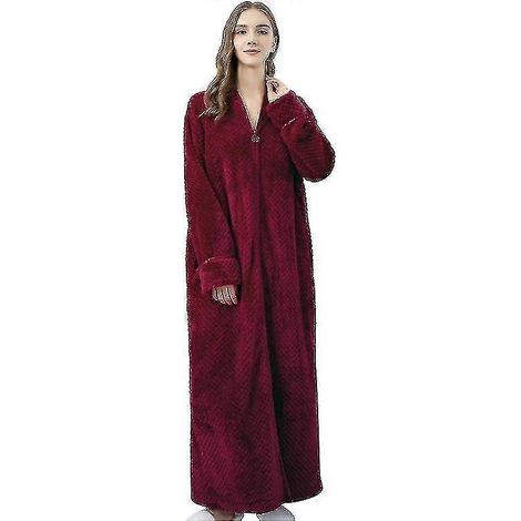 Peignoir zippé pour femme, en flanelle polaire, robe de chambre chaude d'hiver, chemise de nuit rouge M (1/3)