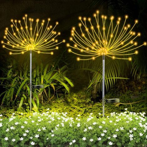 Set of 2 solar-powered fireworks - 200 LEDs - Garden decorations - For pathways, gardens, Christmas decorations, parties (warm white) (1/5)