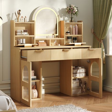Grand meuble coiffeuse avec miroir LED éclairé et prise de courant – table de maquillage avec 3 tiroirs et 2 armoires en verre avec étagères, pour la chambre, aspect bois, 120x40x139.5 cm