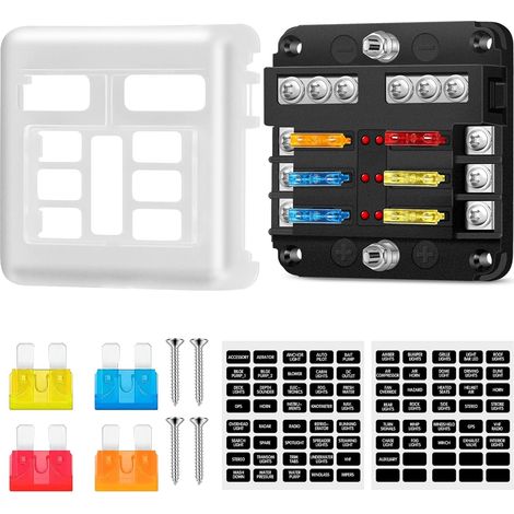 12V 6 Compartment Fuse Holder Car Fuse Box with Negative Bus Indicator, Car Fuse Holder with 10 Fuses for Truck Auto Van SUV Marine (1/5)