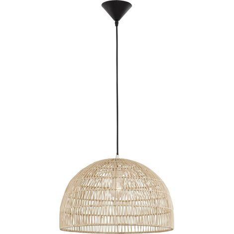 Merano Amarillo Plafonnier Suspension Dôme 40cm Rotin Naturel Fil Tissu Noir Culot LED E27