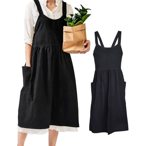 Tablier japonais pour femme, en coton et lin, avec bretelles croisées et grandes poches. Couleur unie, style littérature et art, idéal pour la cuisine, les cafés et les boutiques de fleurs. (1/5)