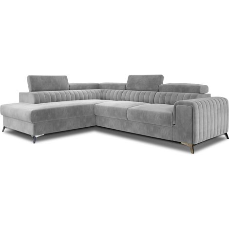 Canapé d'angle convertible 5 places velours 278cm – Appuis-tête réglables – Coffre de rangement – Pieds en acier chromé – Gris clair – Meubler Design (1/5)