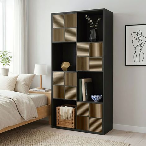 Bibliothèque Meuble de Rangement Scandinave 8 Compartiments 4 Portes - 60x30x125 cm - Étagère Modulable Style Moderne pour Salon Bureau - Noir