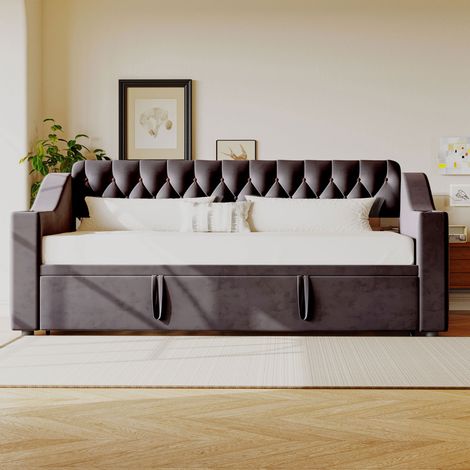 Canapé convertible 90/180x190 cm gris foncé, accoudoirs rembourrés avec ports USB, rangements latéraux et poches intégrées, sommier fourni, revêtement velours