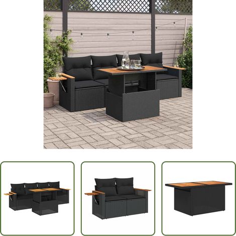 Gartentisch - 5tlg. Garten-Sofagarnitur mit Kissen Schwarz Poly Rattan Akazie (1/5)