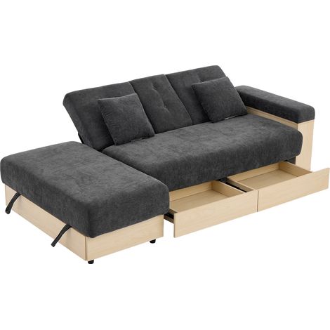 Divano letto angolare in ciniglia grigia con contenitore, 217 cm, schienale reclinabile (1/5)