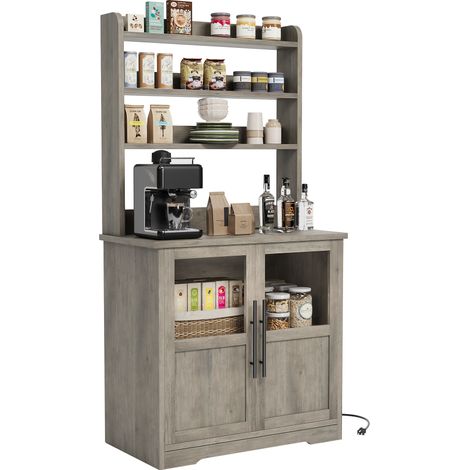 Meuble bar café style ferme - H.160 cm, charge USB, 3 étagères ouvertes, porte vitrée (1/5)
