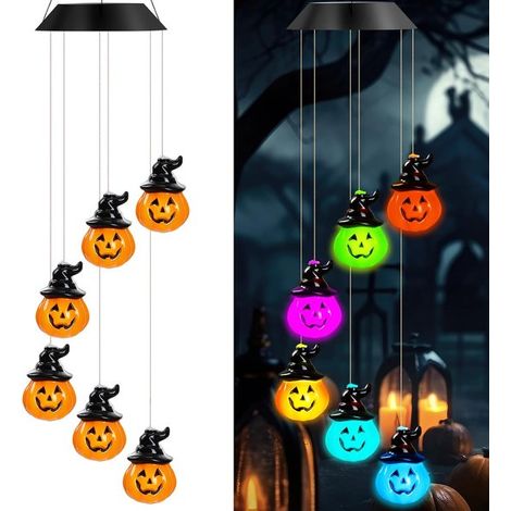 Carillons éoliens solaires - Guirlandes lumineuses solaires d'extérieur - Décorations lumineuses d'Halloween - Lanterne citrouille décorative - Éclairage LED d'Halloween - Idéal pour les patios, véran (1/5)